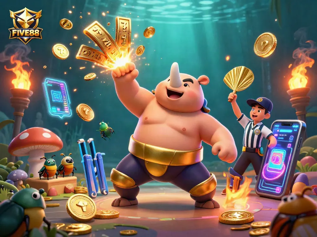 Witness the dynamic FIVE88 match featuring golden coins and slot reels in action.
