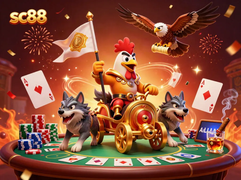 Experience thrilling entertainment at SC88 with a vibrant casino scene featuring a rooster warlord and poker elements.
