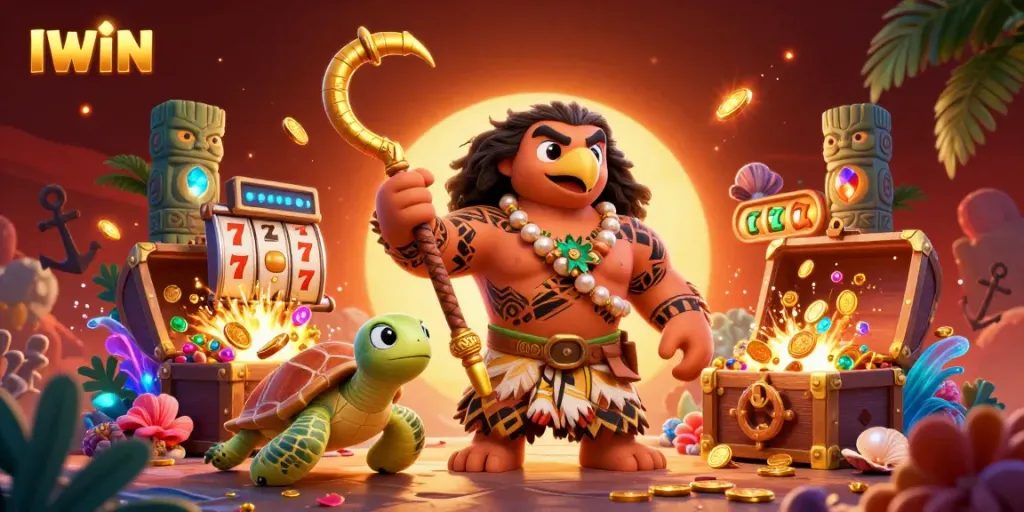 IWIN's thrilling casino scene features a demigod and turtle surrounded by vibrant slot symbols and treasure.