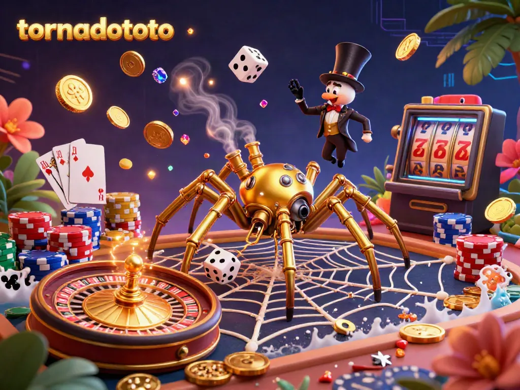 Experience tornadototo with an intricate steampunk spider web and enchanting game elements.