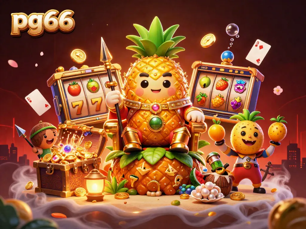 Experience the excitement of pg66 with vibrant slot machines and joyful characters in a dynamic casino scene.