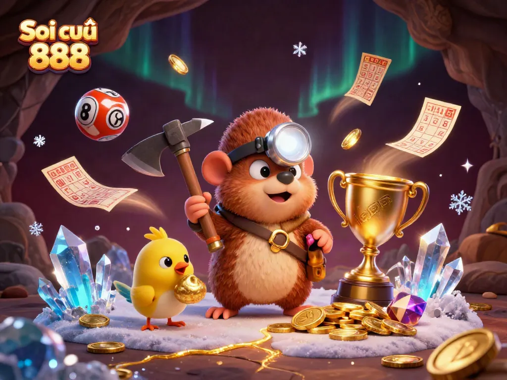 Soi cầu 888 showcases a vibrant scene with a treasure hunter mole and canary amidst lottery elements, emphasizing dynamic gambling energy.
