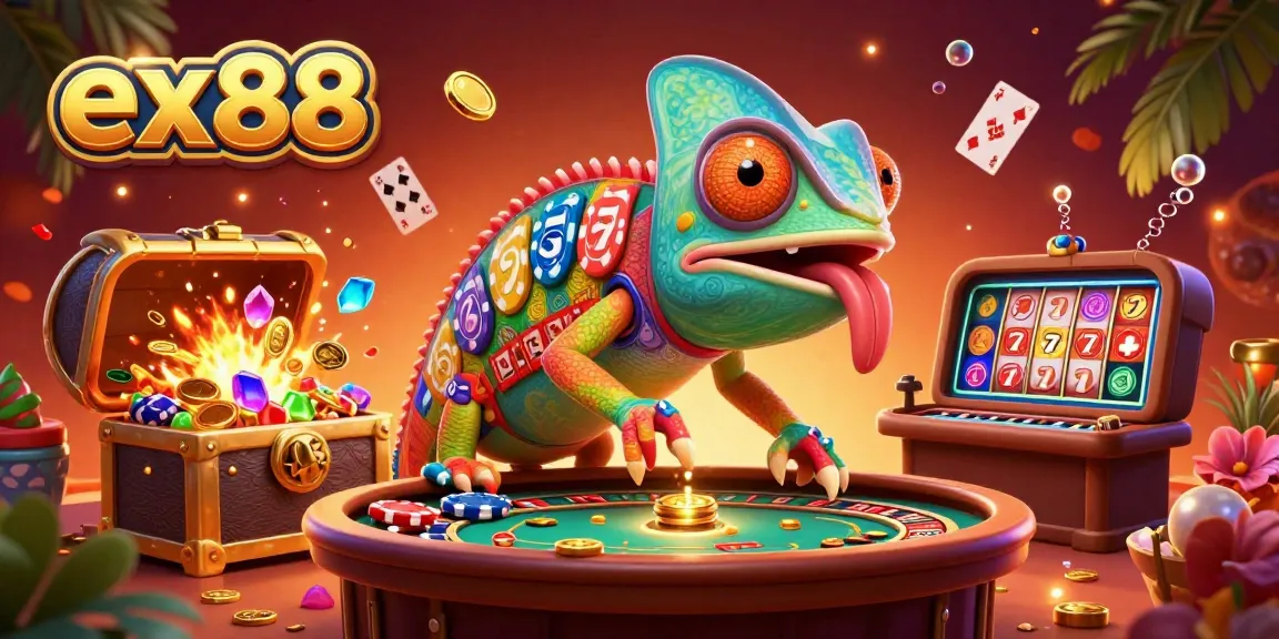 Experience thrilling slots at ex88 with vibrant chameleon mascot, gold coins, and dynamic casino elements.