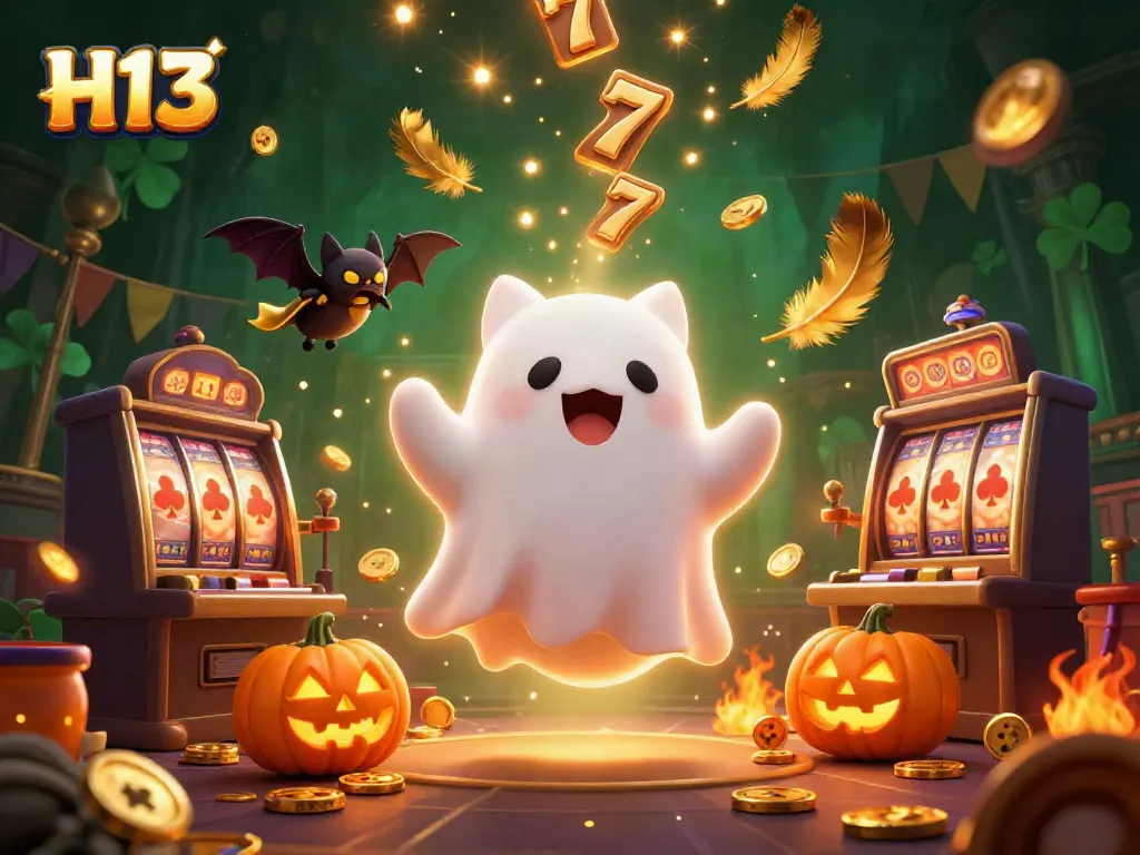 Engage with the enchanting aura of H13, a ghost cat mesmerizes in a haunted casino scene.