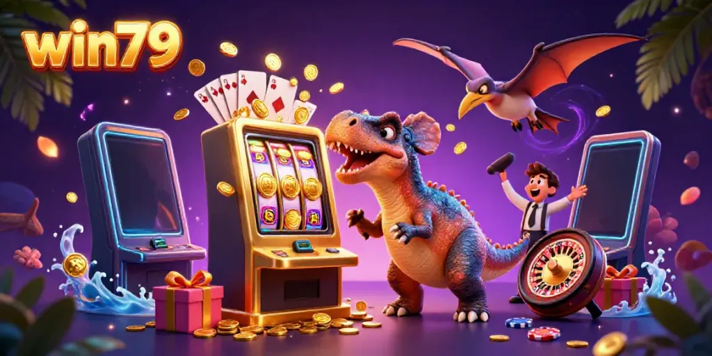 Win79 showcases a pachycephalosaurus winning jackpot coins from a golden slot machine in an exciting casino scene.