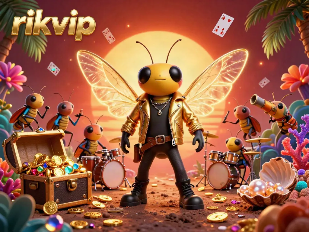 Experience the thrill of rikvip with a vibrant 3D casino rock star scene filled with games and treasures.