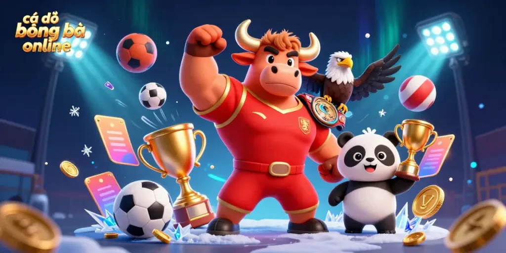 Experience dynamic cá độ bóng đá online action with a muscular bull mascot, championship eagle, and trophy panda.