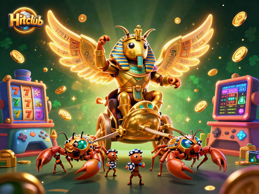 Engage with Hitclub's dynamic casino atmosphere featuring golden scarabs, scorpions, and vibrant slot symbols.