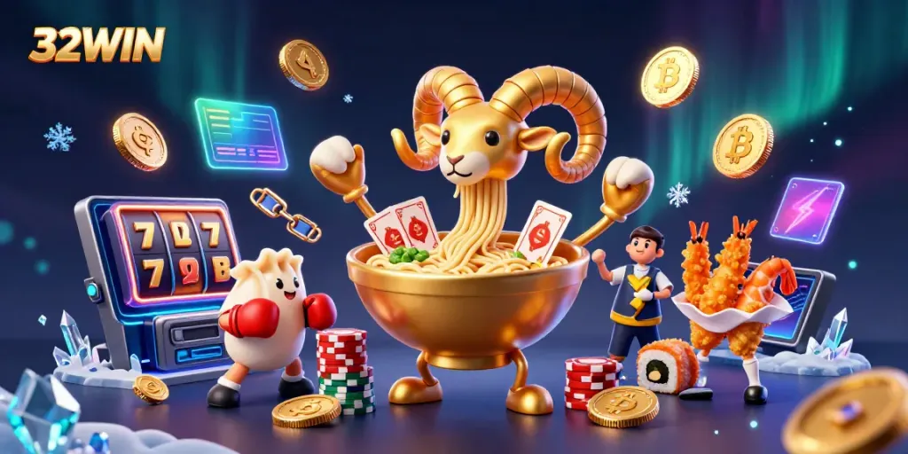 Engage in thrilling gameplay with 32WIN, featuring an epic casino scene with colorful characters and crypto elements.