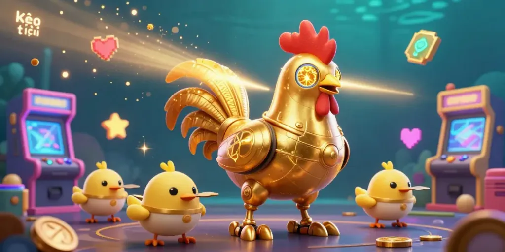 Engage with kèo trực tuyến in a vibrant 3D scene featuring a golden rooster robot and baby chick drones.