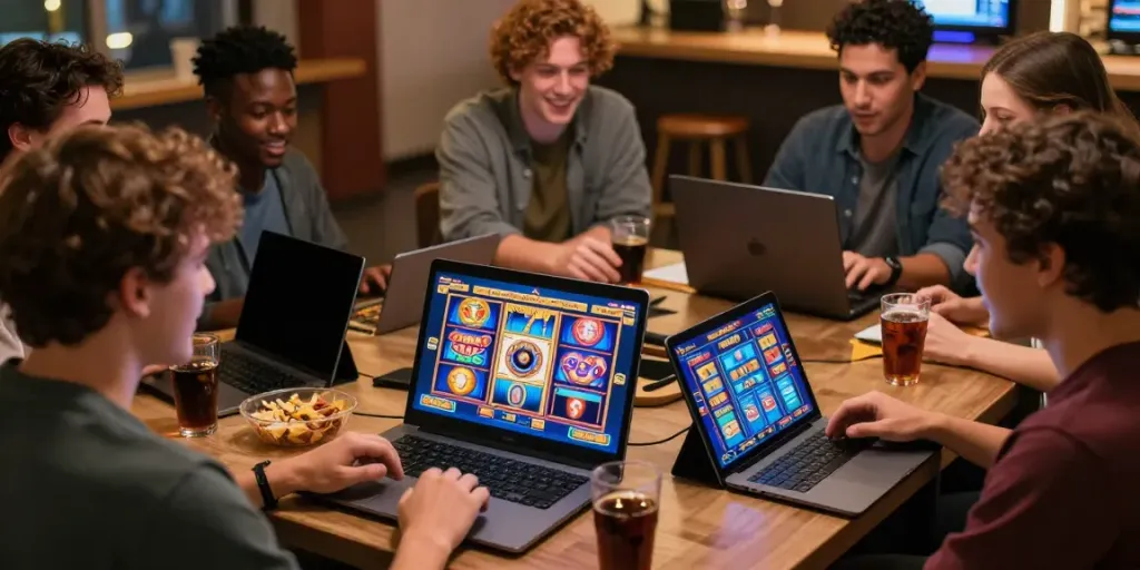 Teman-teman bersemangat bermain slot online bersama di laptop dengan suasana hangat.