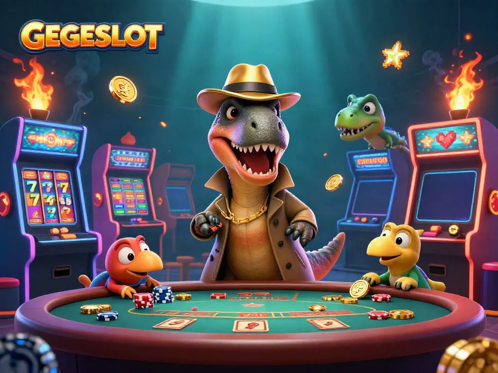 Experience the thrilling GEGESLOT environment with a velociraptor at the blackjack table.