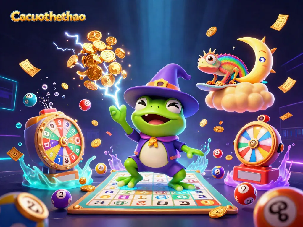 Cacuocthethao showcases vibrant casino elements with cartoon wizard frog and rainbow chameleon amidst gold coins.