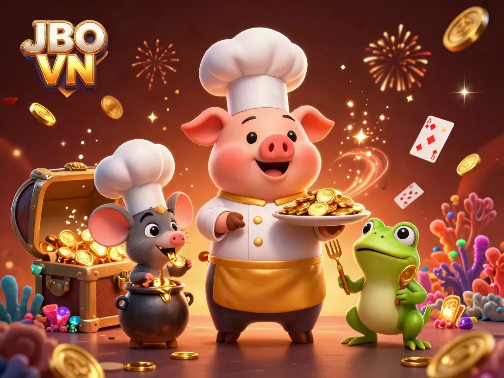 Experience JBO VN with a chef pig delivering golden coins in a vibrant casino atmosphere.
