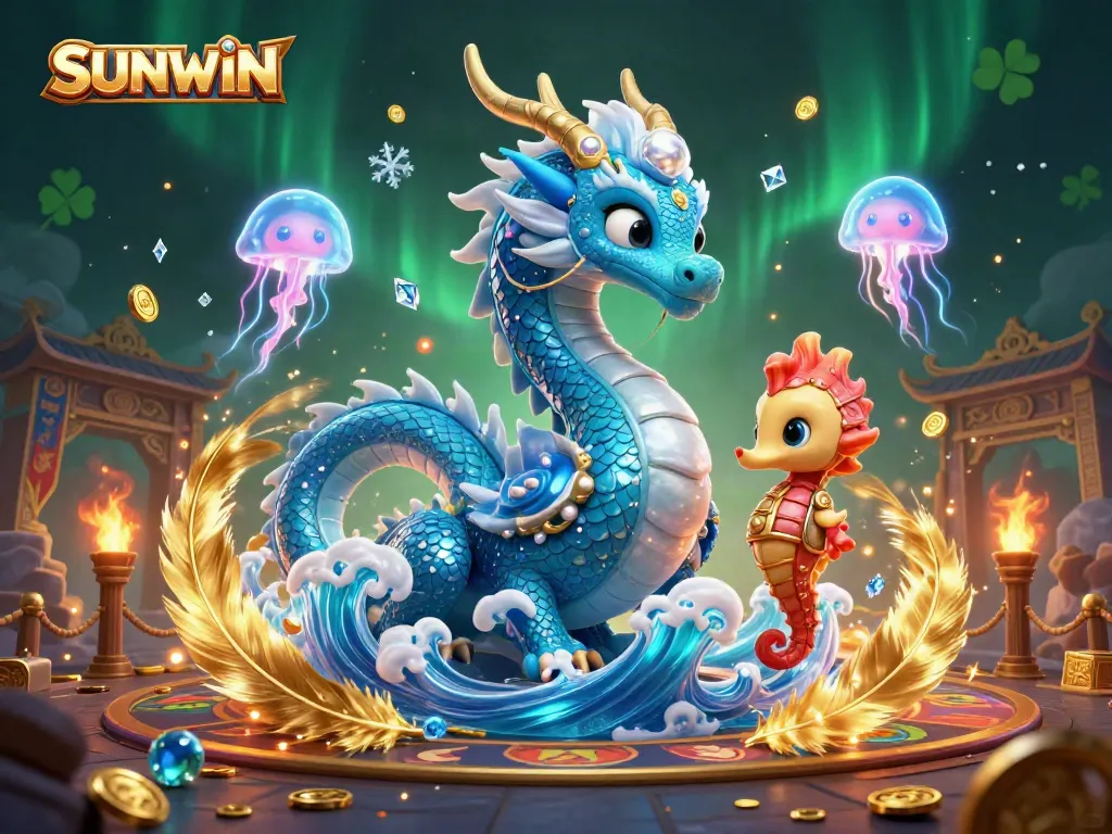 Experience the thrill of gaming with SUNWIN featuring an azure water dragon and exciting casino elements.