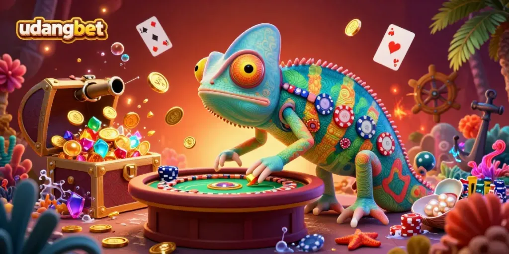 Experience the dynamic energy of udangbet, where a colorful chameleon casino owner captivates players with vibrant gaming elements.