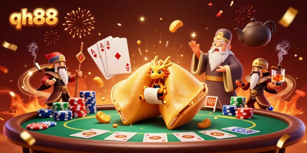Experience the thrill of qh88 casino with a lucky fortune cookie, poker elements, and festive atmosphere.