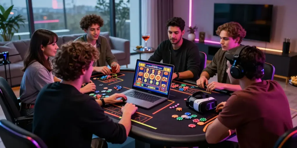 Friends enjoying an exciting online gambling session on lumbung88, vibrant slot games displayed on a laptop.