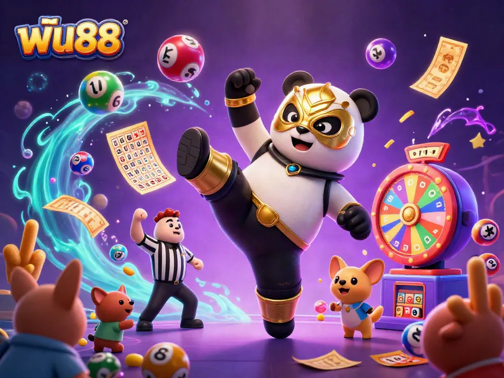 ฟัน88 offers thrilling gaming action featuring a cartoon panda wrestler competing amidst vibrant casino elements.