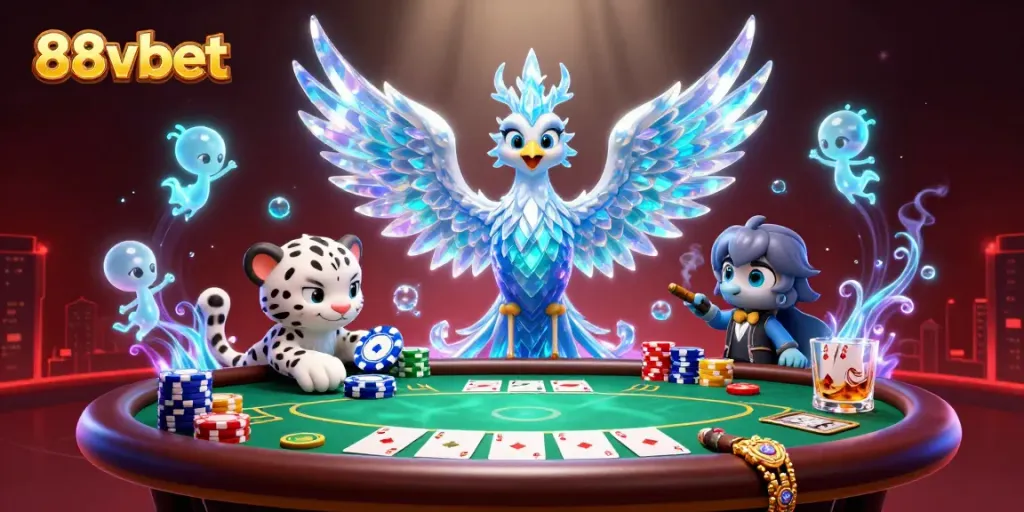 Engage with 88vbet in a vibrant casino scene featuring a playful snow leopard and an ice phoenix.