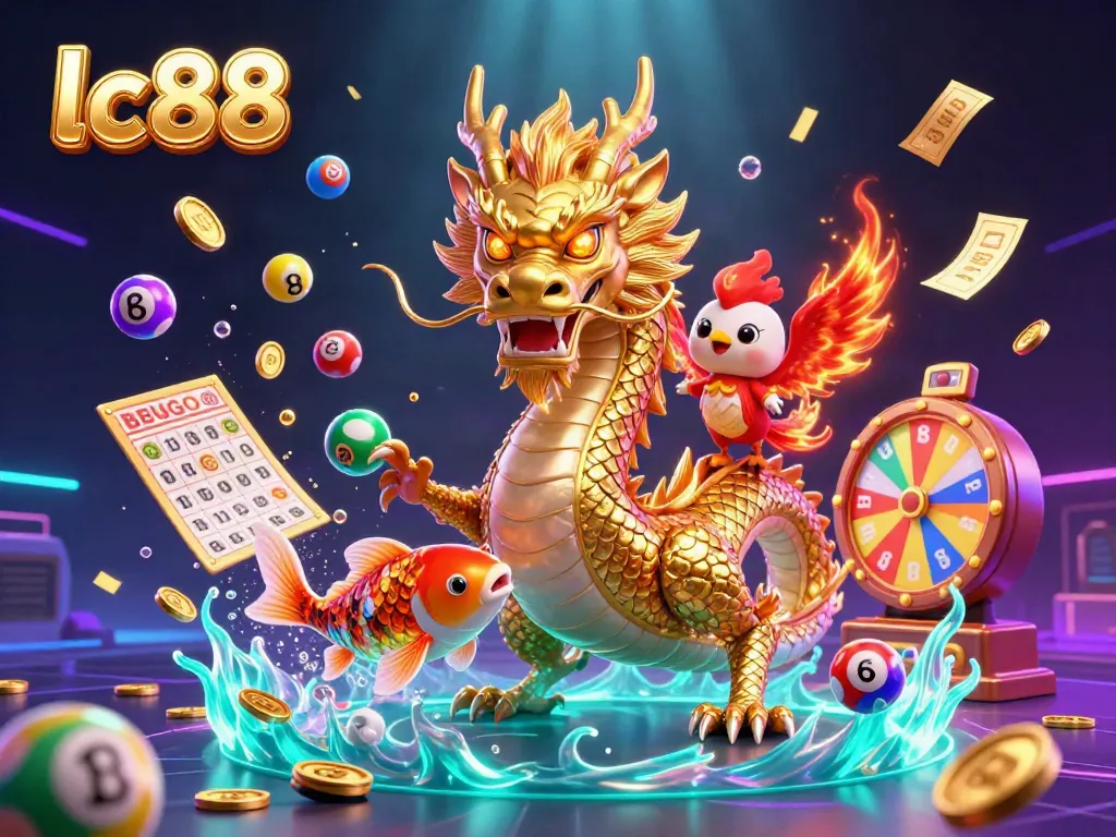 Engage in exciting moments with lc88 as a dragon and phoenix play amidst vibrant lottery elements.