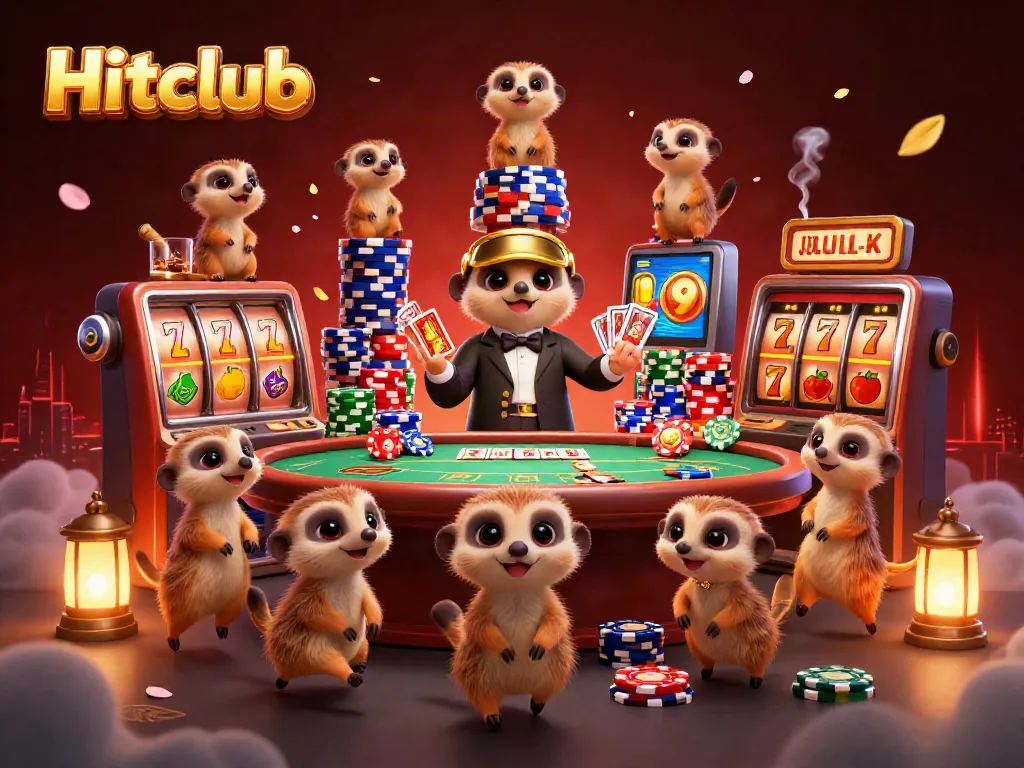 Hitclub's thrilling casino scene featuring meerkats engaging in dynamic gameplay with vibrant slot machines and poker elements.