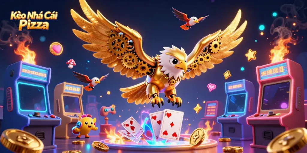 Engage in thrilling bets with Kèo Nhà Cái Pizza through dynamic casino-themed 3D artwork.