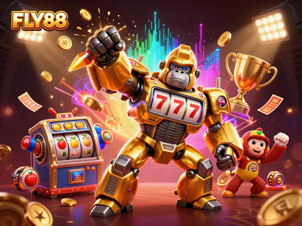 FLY88 shows a dynamic gorilla mech and slot reels in a vibrant casino scene.
