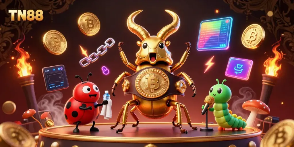 Engage with TN88's vibrant 3D casino showdown featuring cartoon characters in a dynamic crypto-themed scene.