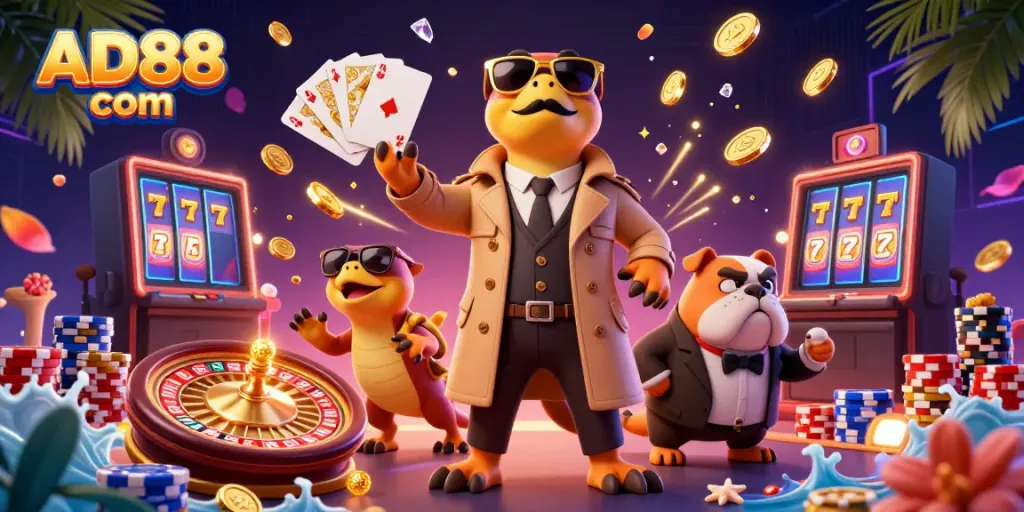 Engage with AD88 com at a vibrant casino scene featuring three raptors in disguise attempting entry.