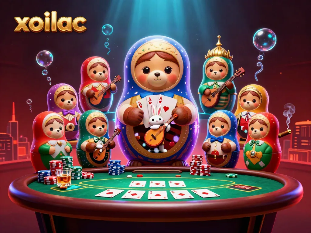 Experience the thrill of gambling with xoilac's animated characters at a lively poker game.