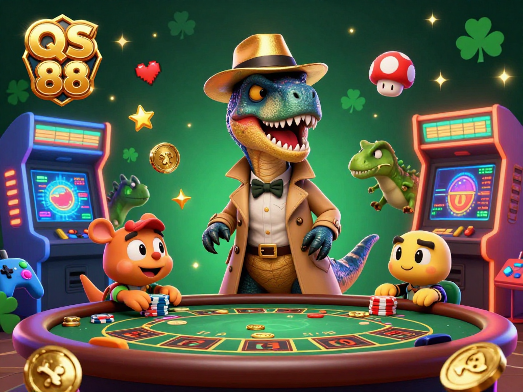 Spin the reels and win big with QS 88 in this vibrant casino scene featuring exciting game elements.