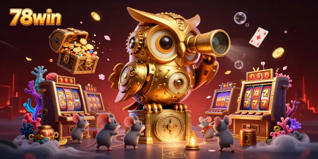 Engaging 78win casino scene with a golden owl and whimsical character elements for online gaming.