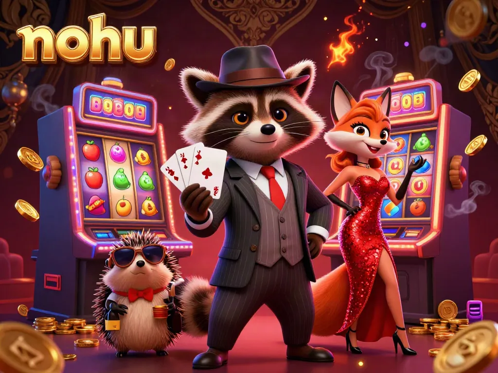 Experience winning thrills at nohu with a suave raccoon and fox lady amid colorful slot machines.
