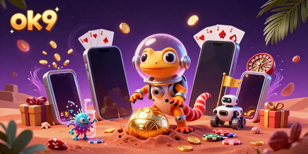 Engage with ok9's casino adventure featuring a Martian gecko and robot sidekick amid riches.