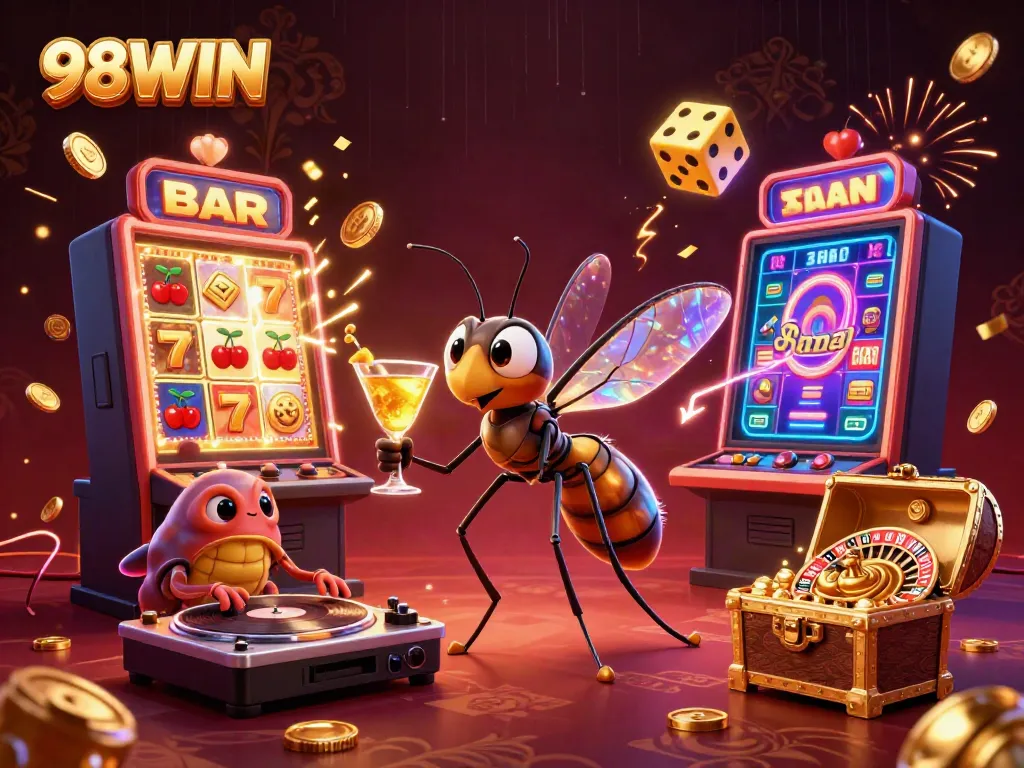 Engage in the vibrant casino experience at 98WIN with lively mascots and thrilling gaming elements.