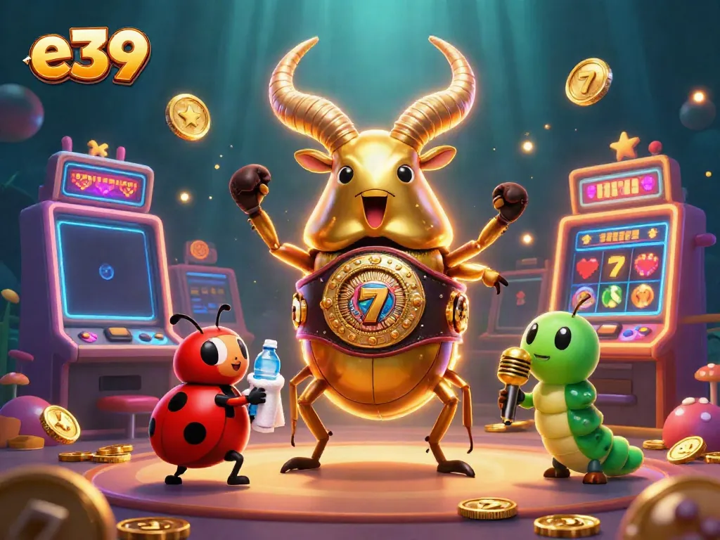 Experience the excitement of e39 with a vibrant casino-themed scene featuring dynamic characters and slot machines.