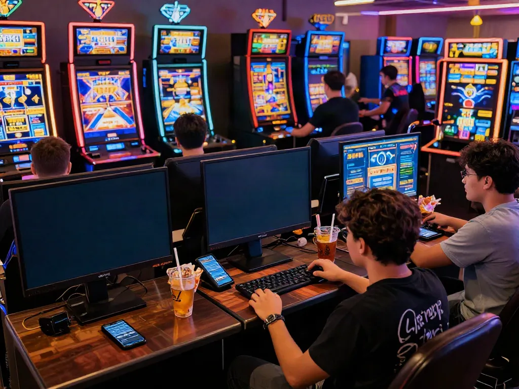 Engaged players enjoying slot777 games in a vibrant online gaming environment, showcasing excitement and colorful slot machines.