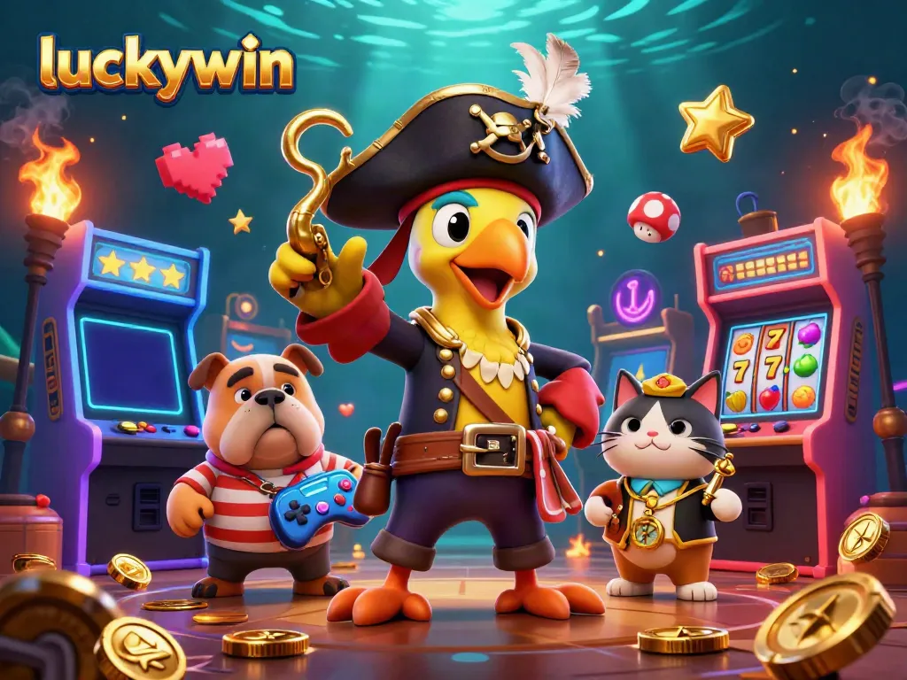 Experience big wins with luckywin in a vibrant 3D casino scene featuring animated characters and game elements.