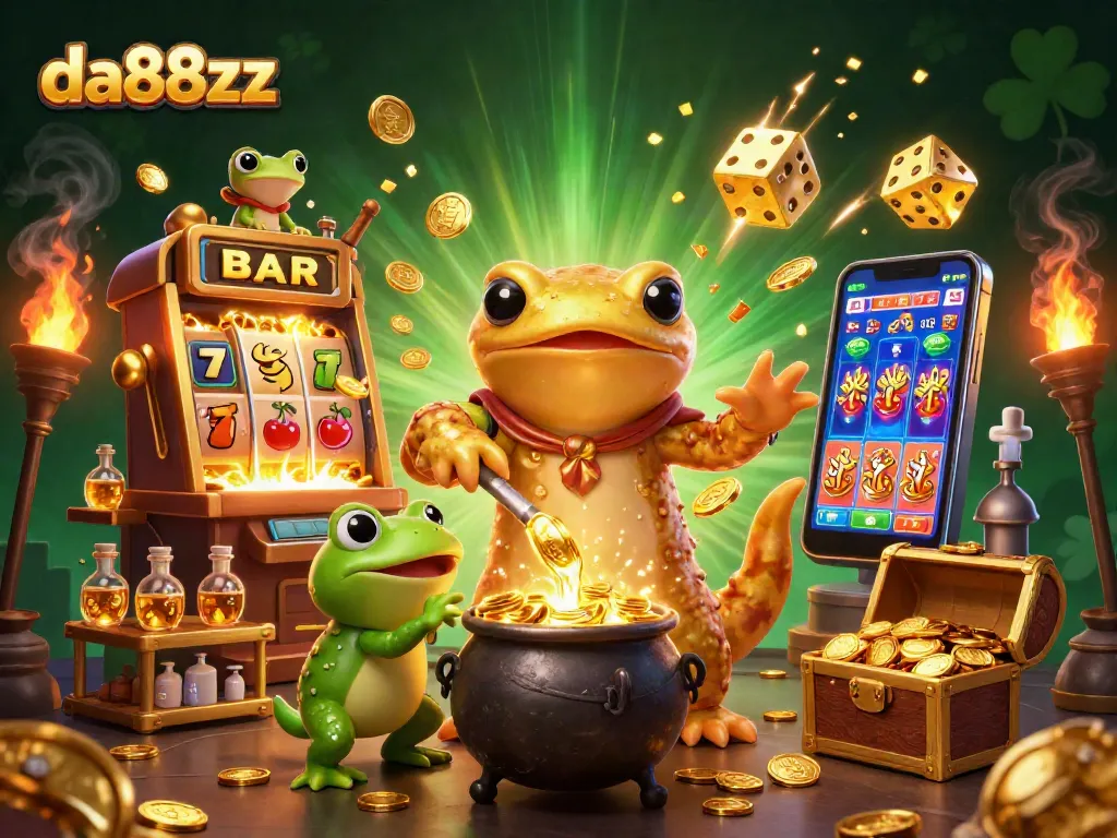 Experience da88zz's dynamic gaming scene with alchemists and slot machines bursting with treasures.