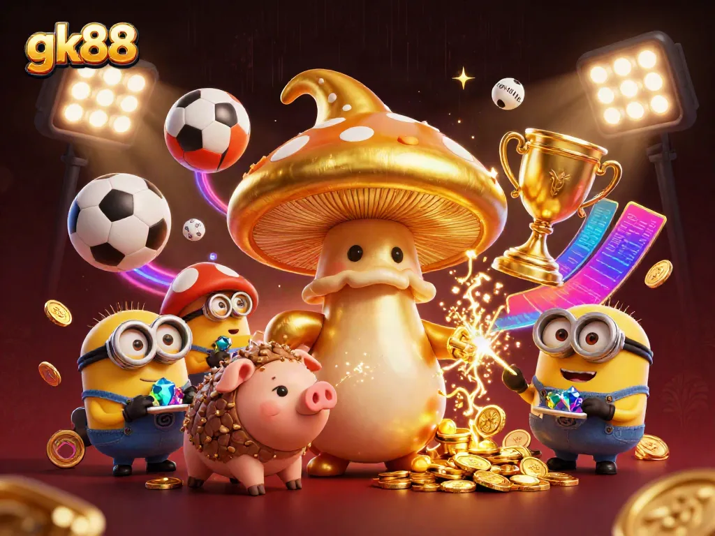 Engage with gk88's golden mushroom wizard in a vibrant 3D casino adventure, showcasing sports elements.