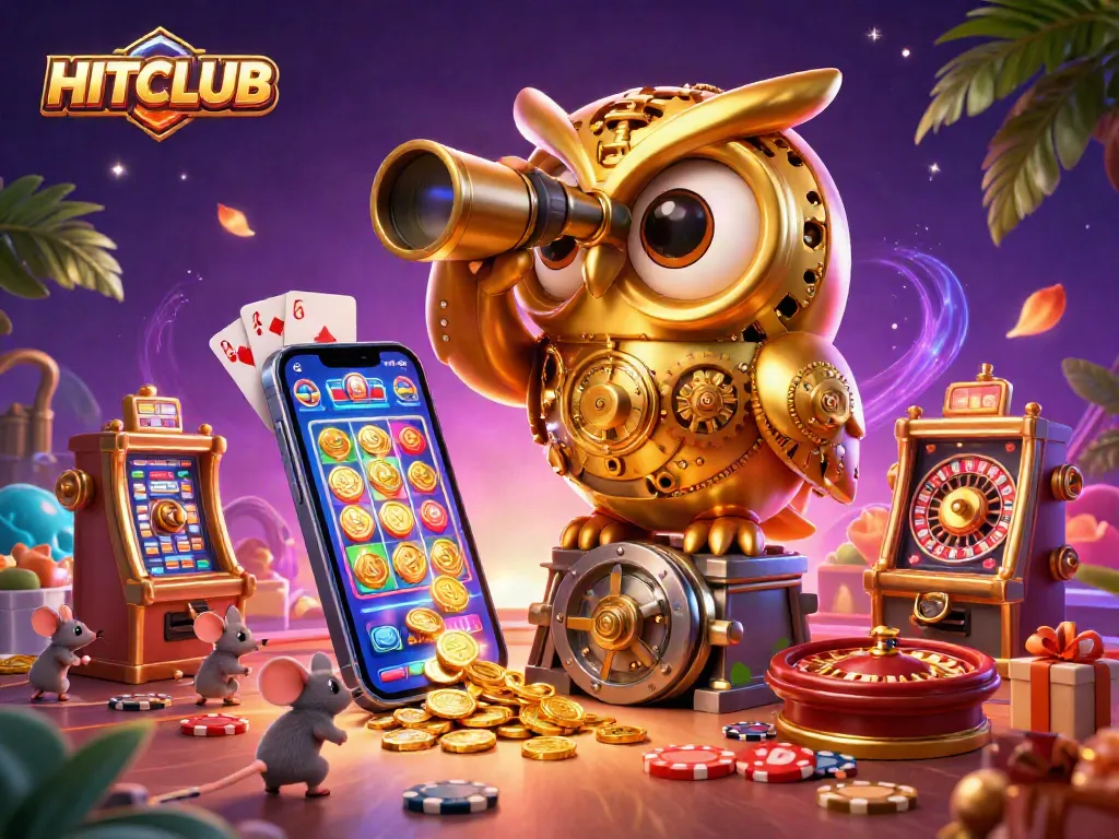 Engage with HITCLUB in this vibrant digital illustration of a casino setting, featuring whimsical characters and exciting gaming elements.