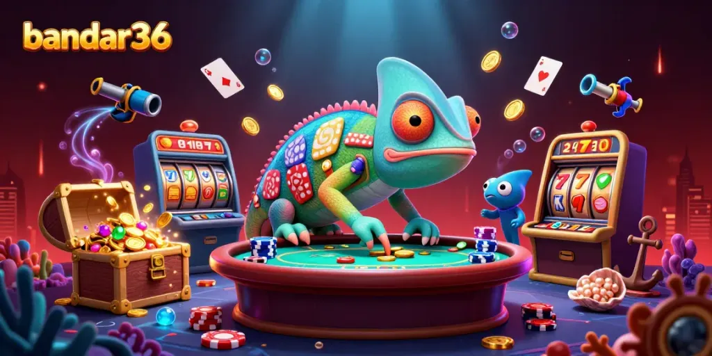 Situs bandar36 menampilkan karakter chameleon kasino besar mengumpulkan koin emas di tengah suasana permainan slot yang dinamis dan penuh warna.