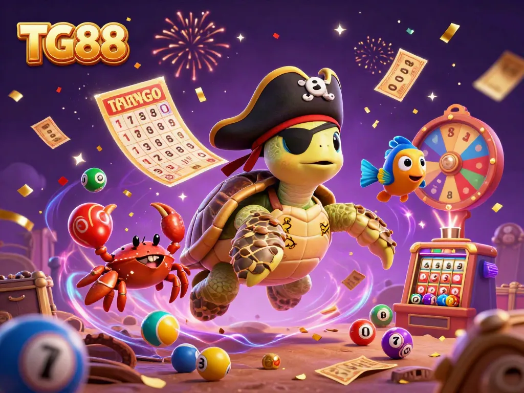 Experience thrilling gameplay with TG88, featuring a pirate turtle and lively lottery elements.