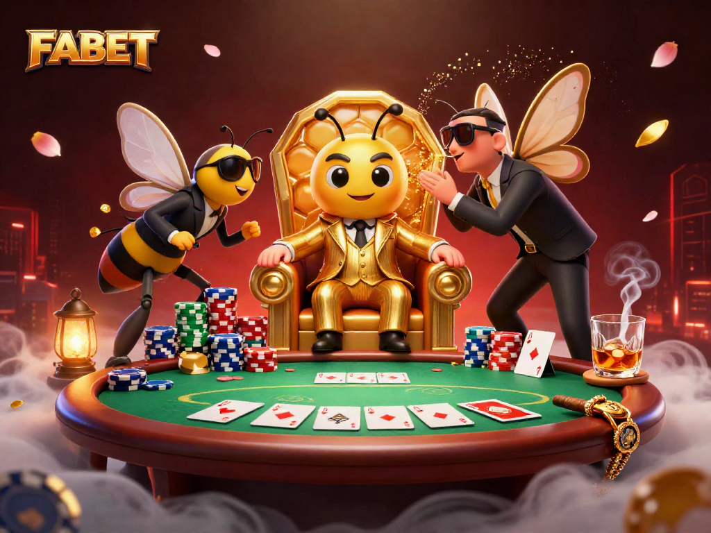 Engage with FABET's dynamic poker scene featuring a cartoon mob boss and his entourage.