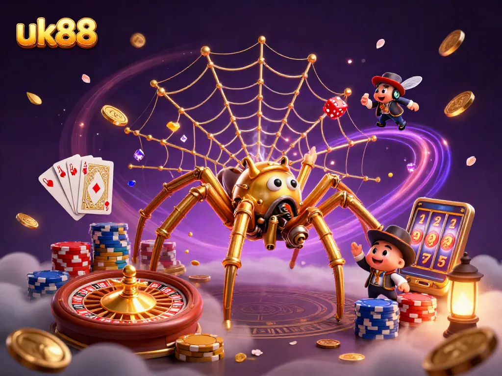 Visualize a lively casino scene with uk88 elements, featuring a steampunk spider and golden treasures.