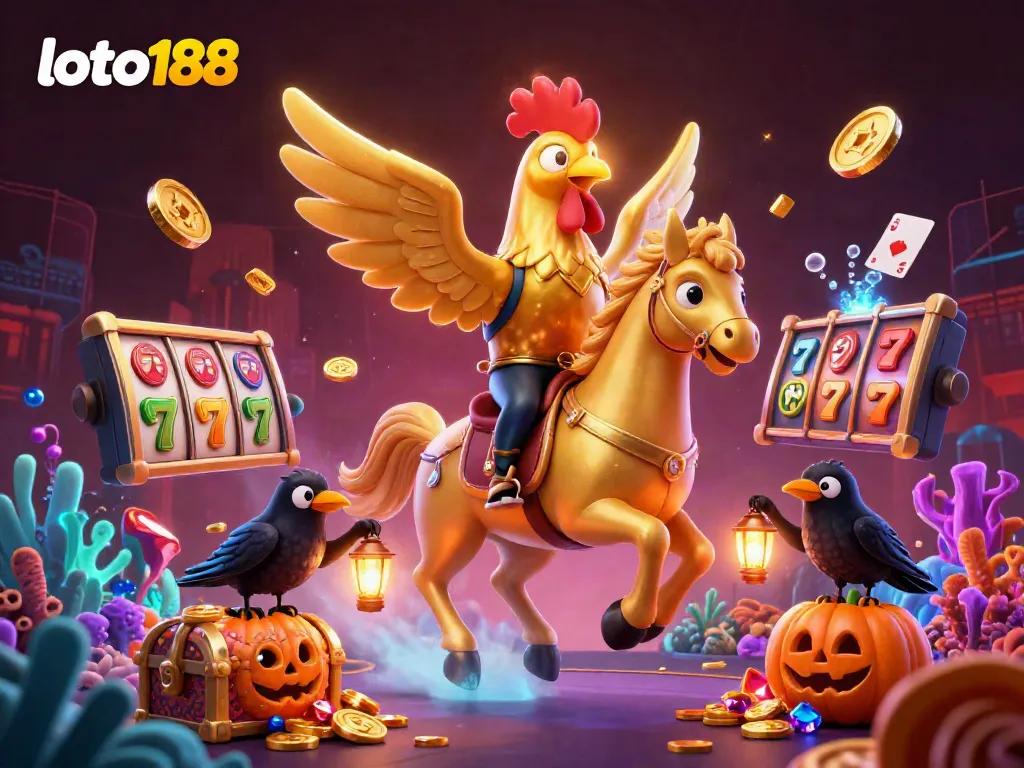 Experience thrilling gameplay at loto188 with an exciting casino scene featuring a golden rooster and vibrant gaming elements.