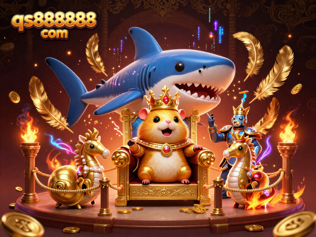 Engage in thrilling casino action with qs888888 com at a vibrant underwater realm, showcasing a golden hamster king and royal seahorse guardians.