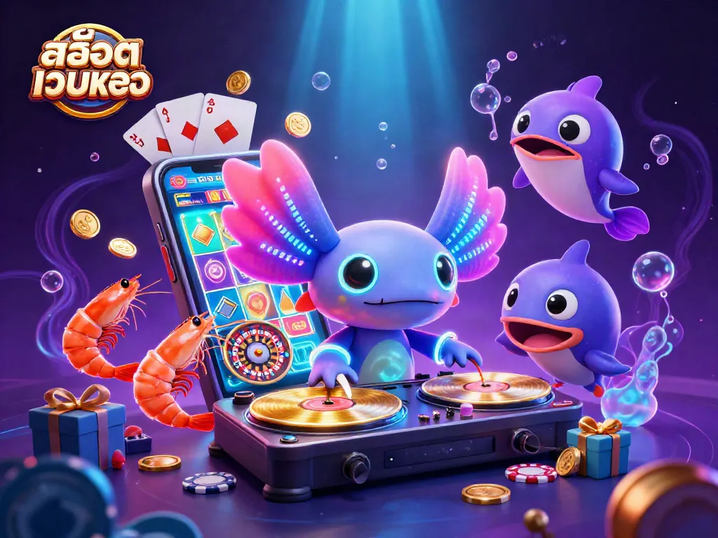 Experience the excitement of สล็อตเว็บตรง with a vibrant DJ axolotl, shrimp dancers, and gaming elements.