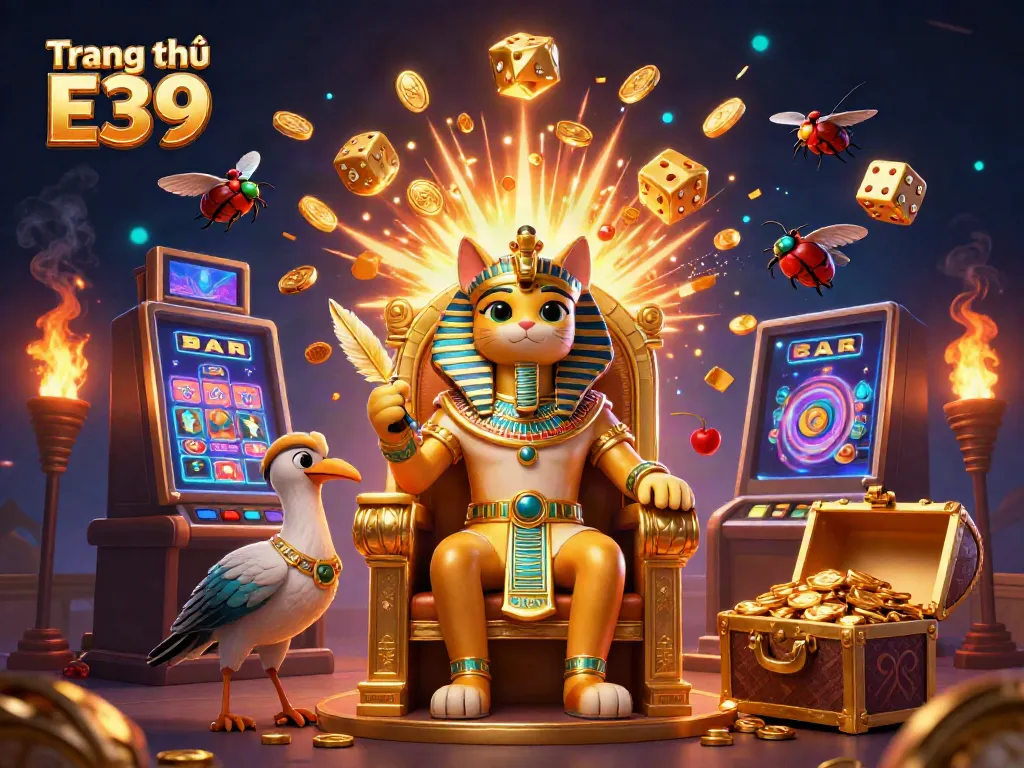 Experience the excitement of Trang chủ E39 with a vibrant casino illustration showcasing winning symbols and dynamic gameplay.